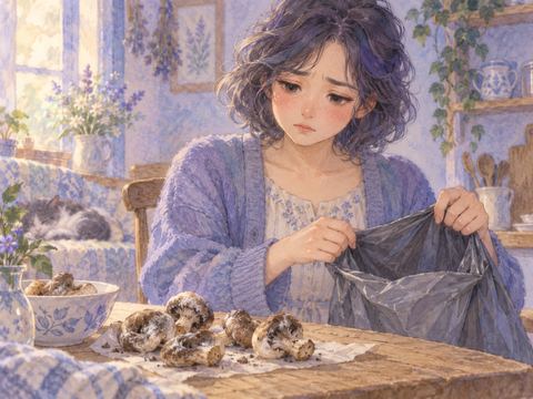 暗い森の光るきのこを怖がって立ち止まる女性