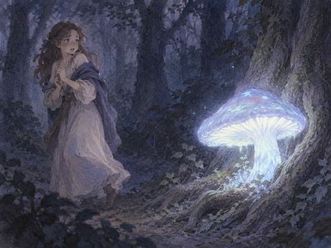 壁に密集するきのこを見て顔をしかめる女性