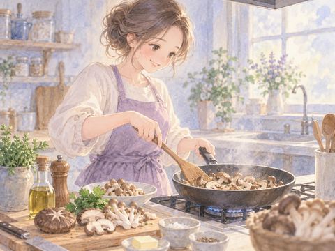 台所で数種類のきのこをフライパンで調理する女性