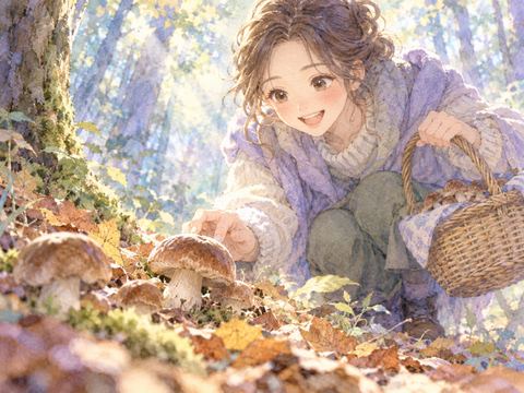 森の落ち葉の間にきのこを見つけて喜ぶ女性