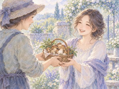 知人からきのこの入ったかごを渡されて微笑む女性