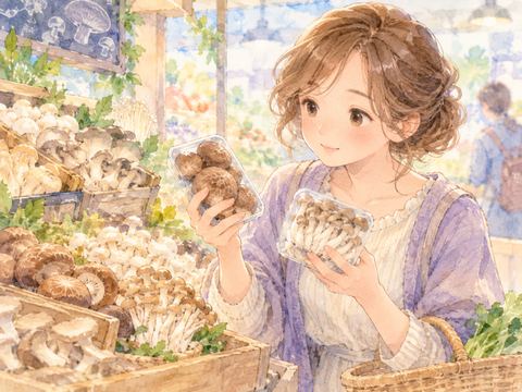 青果店で並んだきのこを見比べながら選ぶ女性