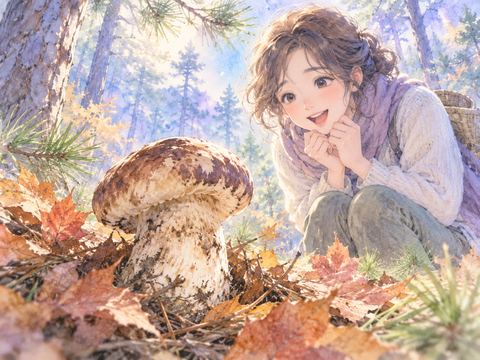 立派な松茸を見つけて目を輝かせる女性