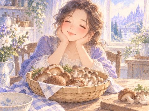 食卓のしいたけやしめじを穏やかに眺める女性