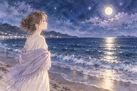 暗い夜の海を岸から見つめる女性