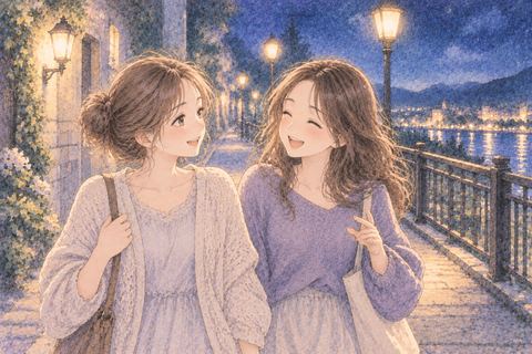 友達と並んで夜道を歩く女性