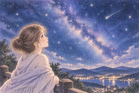 美しい夜空を穏やかに見上げる女性