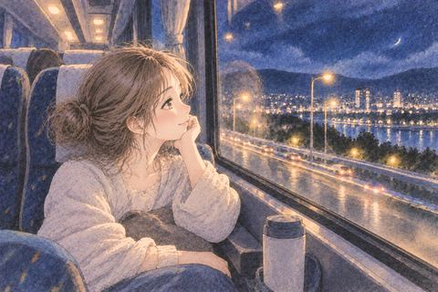 夜行バスの窓から夜景を見る女性