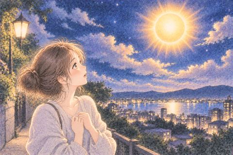 夜空に浮かぶ太陽を驚いて見上げる女性