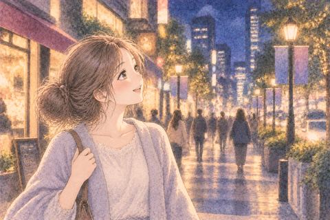 灯りの多い夜の街に立つ女性
