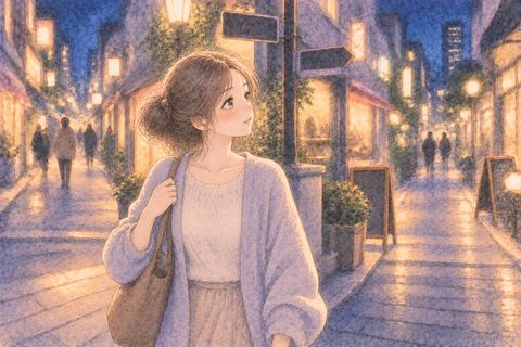 店の灯りが並ぶ夜の街を歩く女性