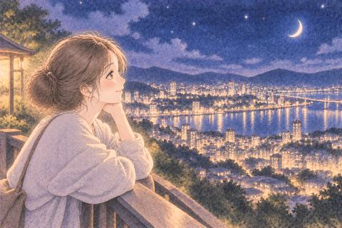 高台から綺麗な夜景を眺める女性