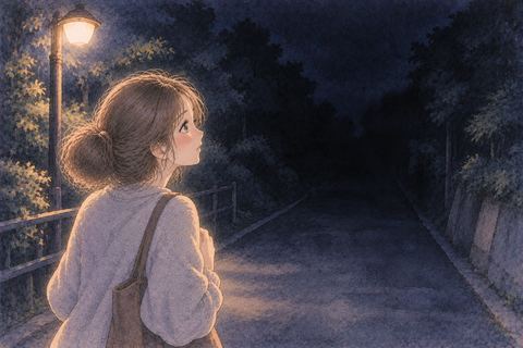 真っ暗な夜道で立ち止まる女性
