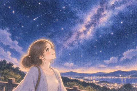 広い夜空を見上げる女性