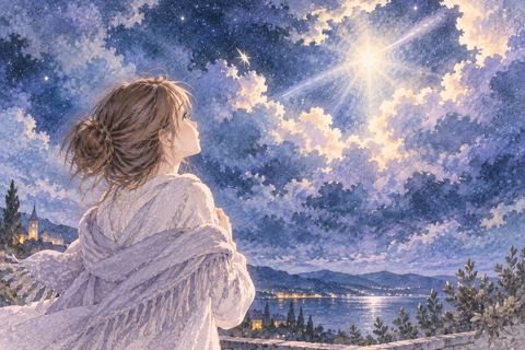 夜空に現れた光を見上げる女性