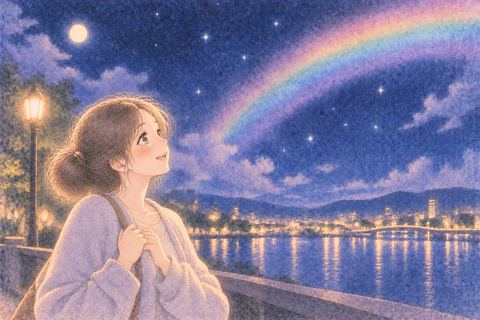 夜空に現れた虹を見上げる女性