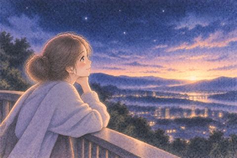 夜明け前の空を静かに待つ女性