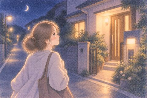 明かりのついた家へ帰る女性