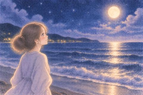 月明かりに輝く夜の海を眺める女性