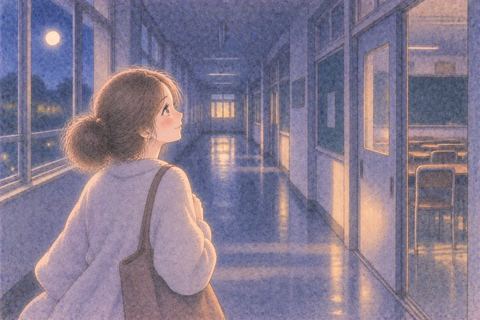 夜の静かな学校の廊下にいる女性