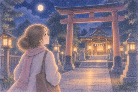 夜の静かな神社に立つ女性