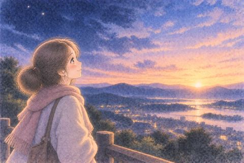 夜明けの空を穏やかに見上げる女性