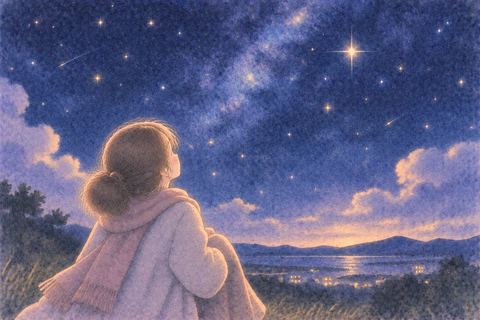 輝く星空を見上げる女性