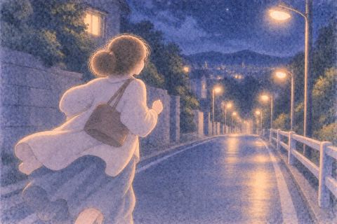 夜道を前方へ走る女性