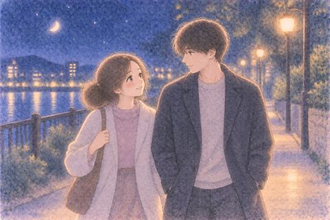 異性と並んで夜道を歩く女性