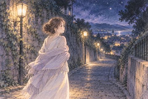 街灯のある夜道を一人で歩く女性