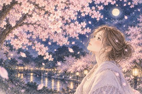 満開の夜桜を静かに見上げる女性