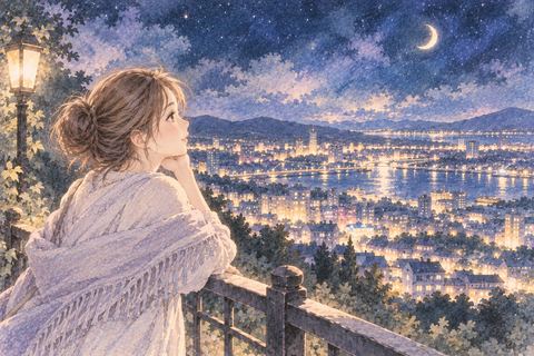 高台から街の夜景を眺める女性