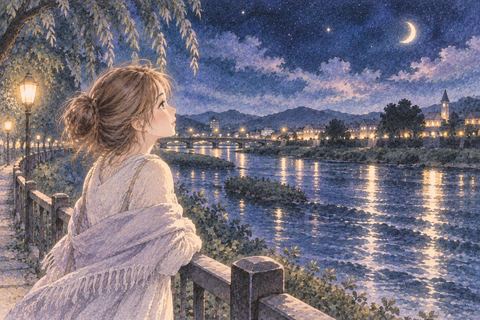 夜の川の流れを岸から眺める女性
