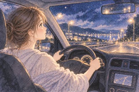 夜道で車を運転する女性
