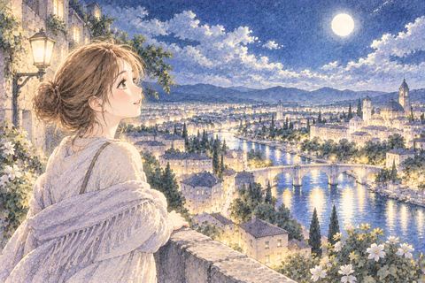 明るく照らされた夜の景色を見る女性