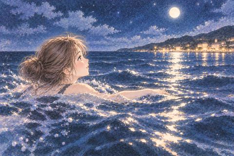 夜の海を岸の明かりへ向かって泳ぐ女性