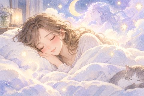 眠りながら穏やかな夢の光に包まれる女性