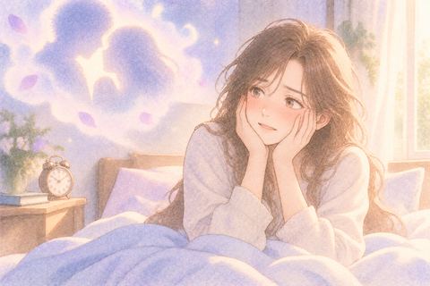 夢から目覚め頬を押さえて照れる女性