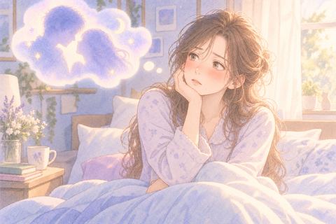 朝の寝室で自分の気持ちを考える成人女性