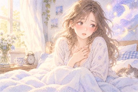 目覚めて胸元に手を添え余韻を感じる女性