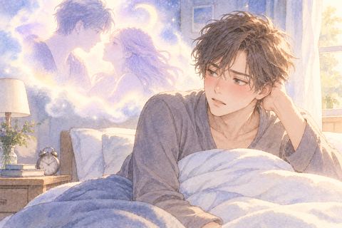 親密な夢の余韻から目覚める成人男性