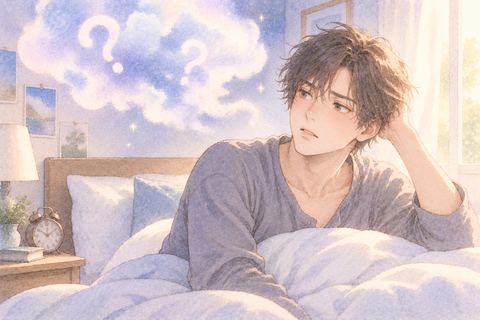 夢を覚えておらず首をかしげる成人男性