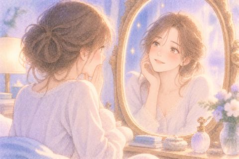 鏡の自分を見て驚きながら微笑む女性