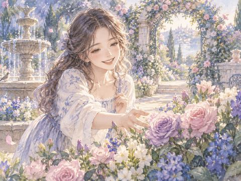 昔の夢で訪れた花の庭に戻って笑顔になる女性