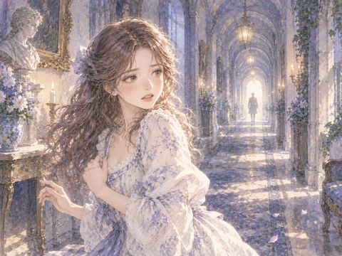 暗い建物の廊下で背後の足音に怯える女性