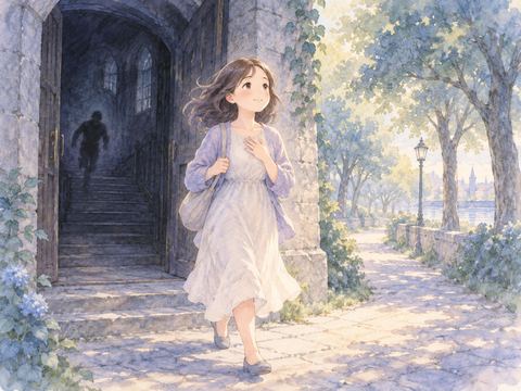 追われていた建物を抜けて穏やかな道を歩く女性