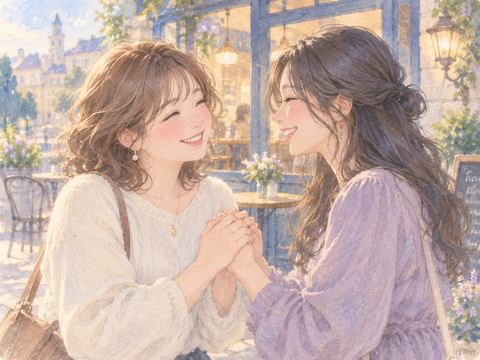 久しぶりに再会した昔の親友と手を取り合って微笑む女性