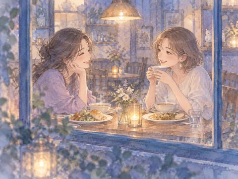 食卓で旧友と向かい合い穏やかに食事を楽しむ女性