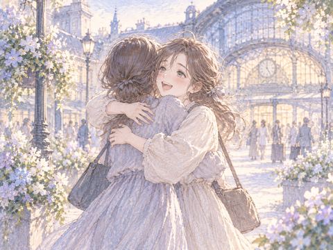 懐かしい旧友を見つけて駆け寄り笑顔で抱き合う女性