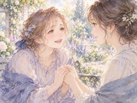 再会した旧友の手を握り懐かしさに涙ぐむ女性